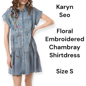 Karyn Seo blue chambray denim shirt boho dress with multicolor floral embroidery